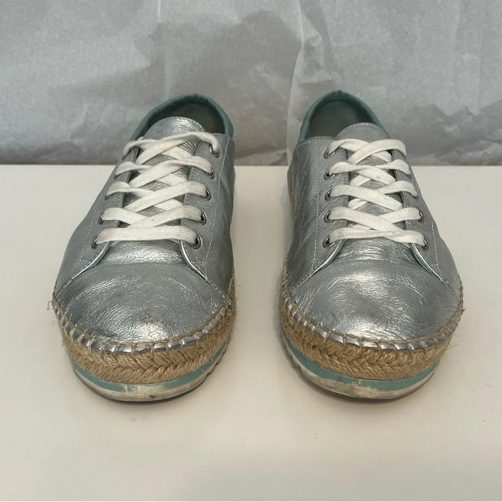 Aldo’s Women’s Platform Espadrille Silver Metallic‎ Sneakers Lace Up Shoes 8.5